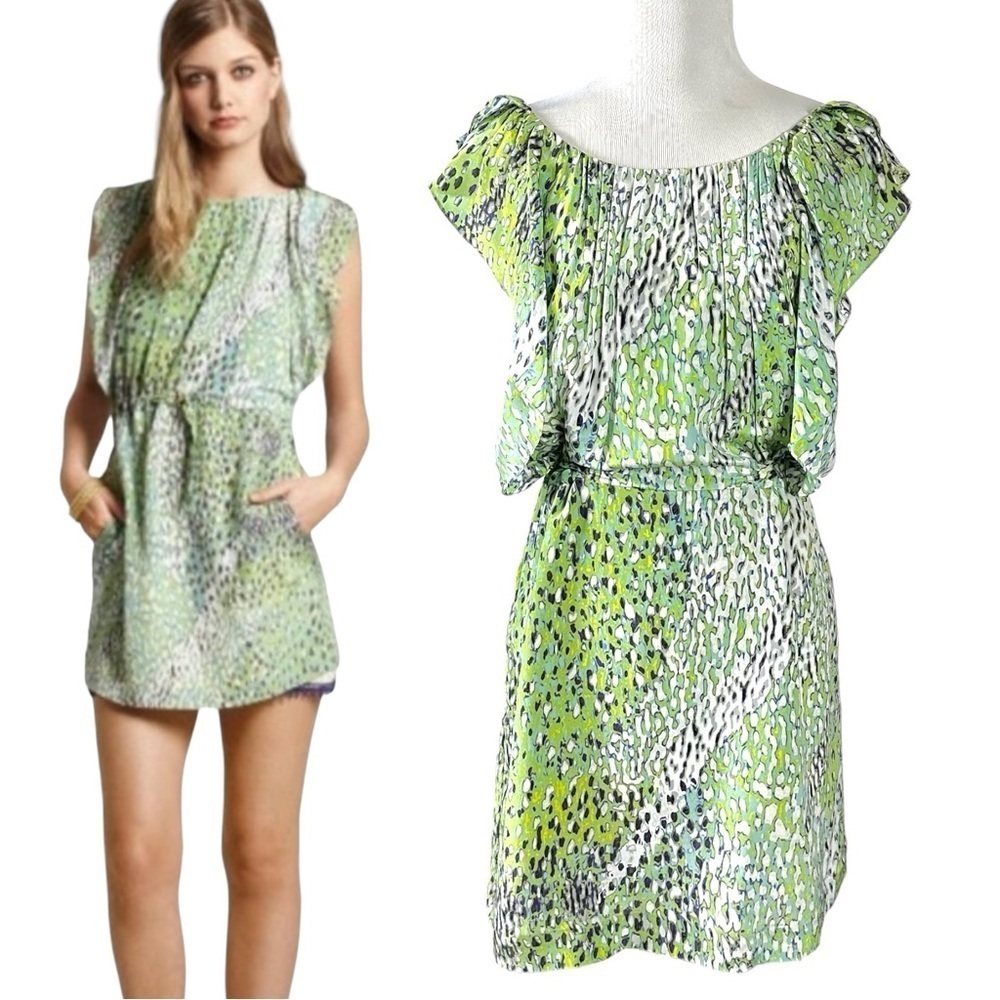 Anthropologie Green and White Mini Dress